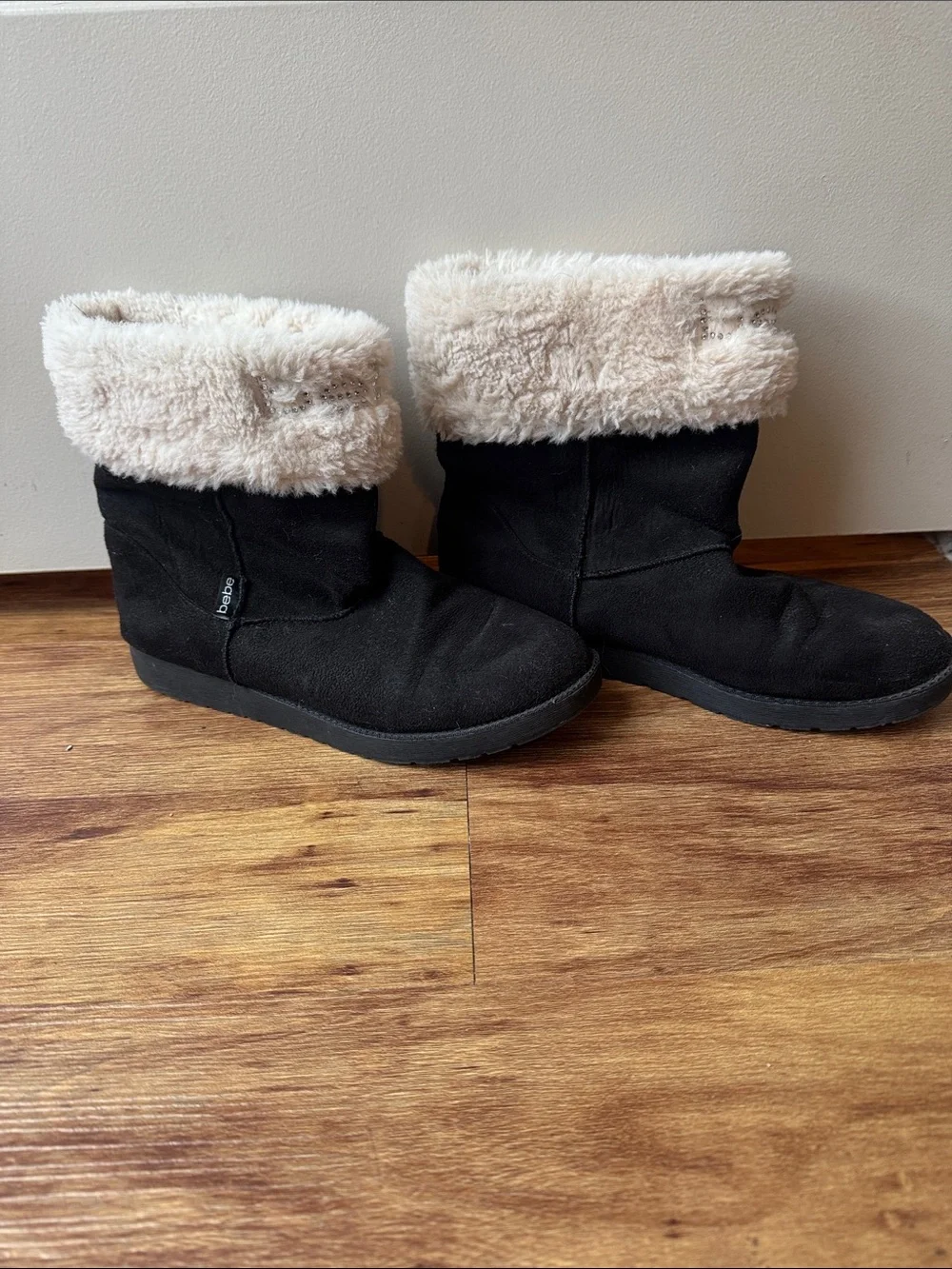 BearPaw Black Suede Winter Boots with Cream Faux-Fur Cuff